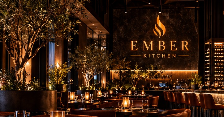 Ember restaurant concept with warm lighting and intimate tables